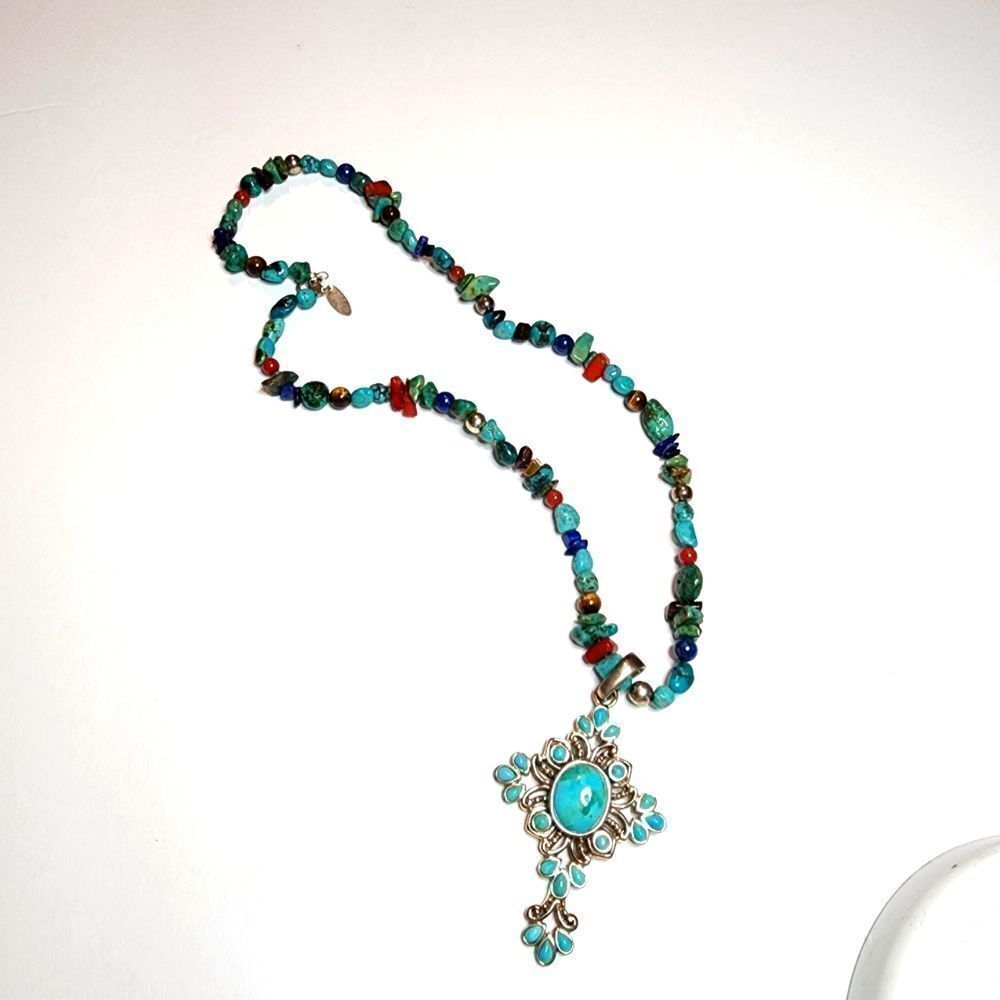 Sterling Silver Southwestern Cross on Turquoise Lapis Coral Beaded Necklace
